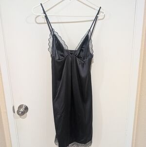 Malizia La Perla Charcoal Silk Satin Lace Trim Slip Dress